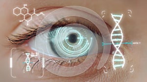 Closeup eye DNA hologram checking process device collecting biometrical data