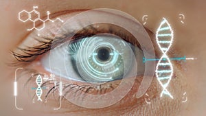 Closeup eye DNA hologram checking process device collecting biometrical data