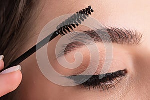 Closeup eyebrows with eyebrow brush. Close up brows, eyebrows lamination. Brow procedures. Long eyelashes, eyebrows