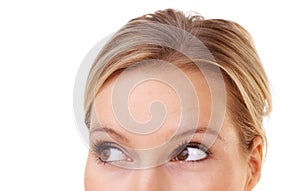 Closeup, eyes and woman with ideas, questions and decisions while planning, thinking and dreaming. Mockup, female person