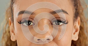 Closeup, eyes and woman with optometry, face and glaucoma exam with optical assessment. Portrait, vision and model with