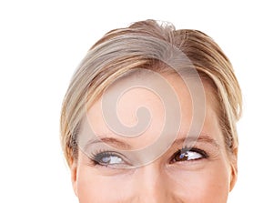 Closeup, eyes and woman with vision, questions and decisions while planning, thinking and dreaming. Mockup, female