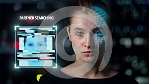 Closeup face biometrical analysis match partner search collecting personal data.