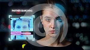 Closeup face biometrical analysis match partner search collecting personal data.