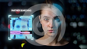 Closeup face biometrical analysis match partner search collecting personal data. photo