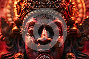 closeup face of kaal bhairav red sculpture in temple