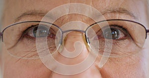 Closeup face of a senior womans eyes with glasses to improve her vision. Portrait of an elderly lady with spectacles to