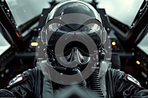 Closeup of a faceless F-16 pilot in a helmet with bright cockpit lights glowing in the background.