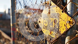 A closeup of a faded construction notice weathered by time and countless sunrises still attached to a sy wire fence