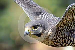 closeup: falcons head and beak while flying