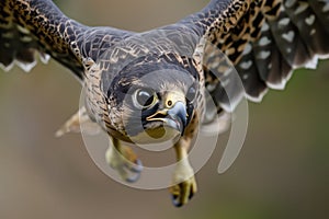 closeup of falcons head in flight, beak open