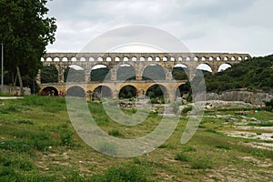 Closeup on the famous ancient Roman aqueduct Pont Du Gard, in Southern France