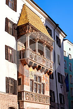 Closeup of the famous Golden Roof -Goldenes Dachl- in Innsbruck, Austria. The roof was built in the 15th century in honor of