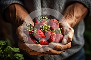 closeup of farmer\'s hands holding fresh ripe sweet strawberry