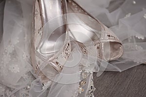 Closeup of fashionable bridal wedding shoes