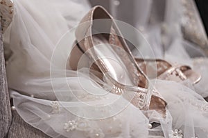 Closeup of fashionable bridal wedding shoes