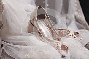 Closeup of fashionable bridal wedding shoes