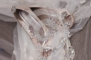 Closeup of fashionable bridal wedding shoes