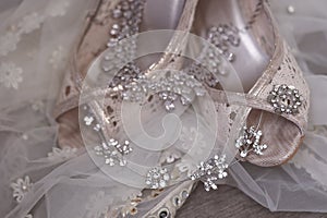 Closeup of fashionable bridal wedding shoes