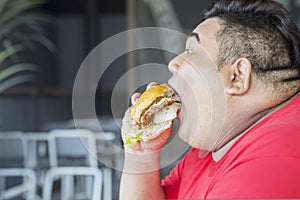 Closeup of fat Asian man gaping a cheeseburger photo