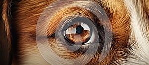 Closeup of a fawn and white dogs eye with whiskers and eyelashes visible