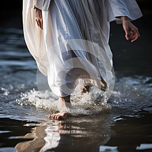 Closeup of the feet of Jesus walking on water