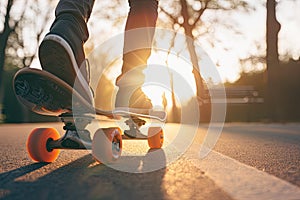 Closeup of feet on longboard deck