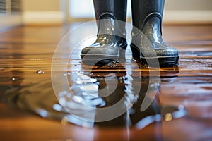 closeup of feet in rubber boots amid puddled water on hardwood