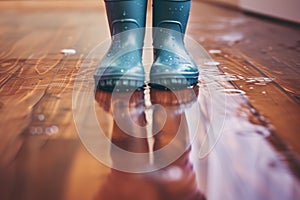 closeup of feet in rubber boots amid puddled water on hardwood