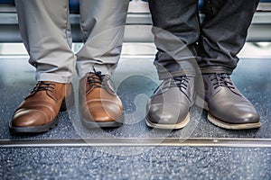 closeup on feet, standing passenger wearing casual and formal shoes side by side