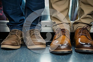 closeup on feet, standing passenger wearing casual and formal shoes side by side