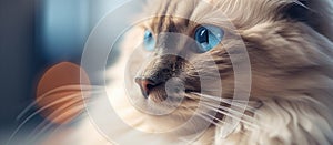 Closeup of a Felidae carnivore with blue eyes by a window