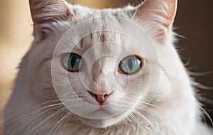 Closeup of a Felidae cat with yellow eyes and white fur, staring at the camera