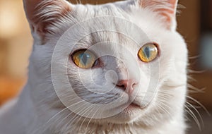 Closeup of a Felidae cat with yellow eyes and white fur, staring at the camera