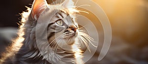 Closeup of a Felidae with fawn fur and whiskers, looking up at the sun