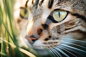 closeup on feline eyes in grass shadows