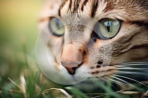 closeup on feline eyes in grass shadows