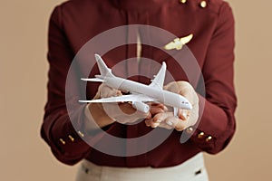 Closeup on female air hostess on beige background