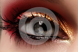 Closeup female eye with fashion bright make-up. Beautiful shiny gold, pink eyeshadow, wet glitter, black eyeliner