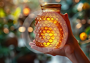 Closeup of female hand with a glass jar of honey. AI generated