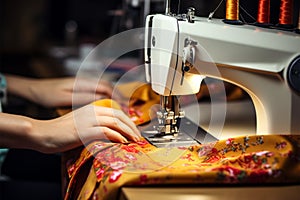 Closeup female hand sewing on a machine