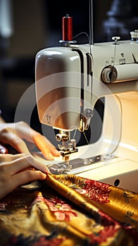 Closeup female hand sewing on a machine