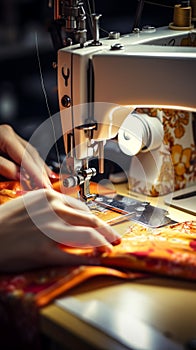 Closeup female hand sewing on a machine