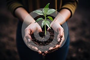 closeup of female hands holding soil with a young green plant