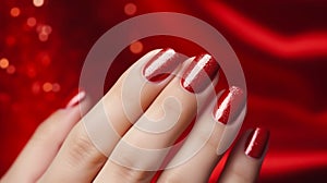 Closeup Female Hands with Red Nails, Manicure for Christmas Or St Valentine& x27;s Day