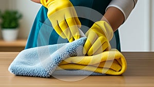 Closeup of female hands in yellow rubber gloves cleaning table with rag
