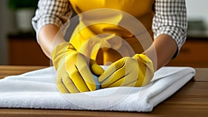 Closeup of female hands in yellow rubber gloves cleaning table with rag