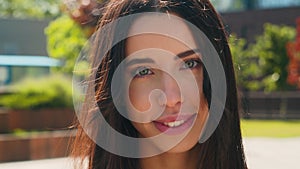 Closeup female portrait attractive caucasian woman client looking camera smiling girl businesswoman student customer