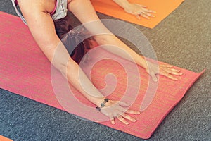 Closeup of female practicing yoga on exercise mat