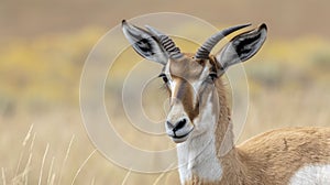 Closeup of a female pronghorns lowered head displaying the delicate curved horns that distinguish her from the males photo